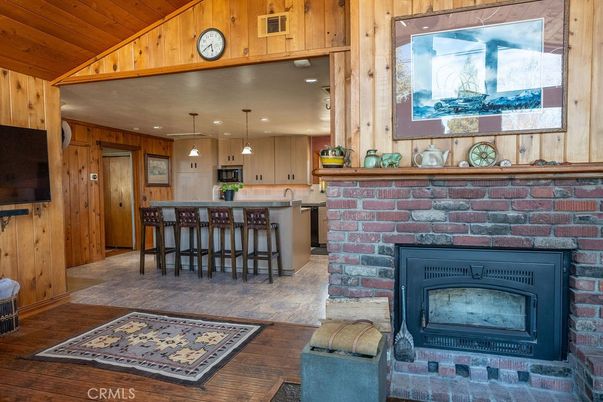 Fireplace, Interior, Kitchen, Pendant Lights, Recessed Lighting, Wooden Ceilings, Wood Texture Flooring, Wooden Walls