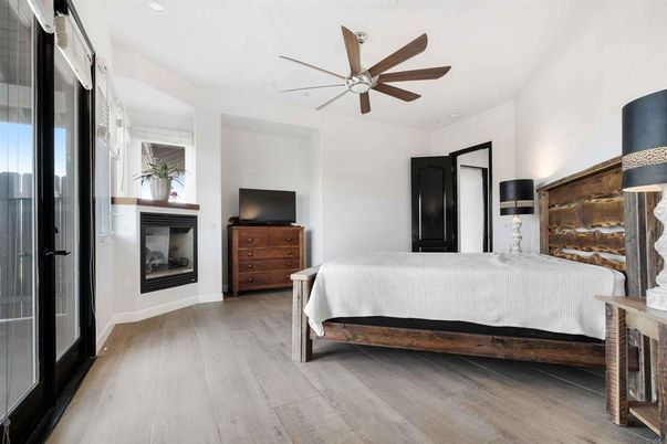 Bedroom, Fireplace, Interior, Recessed Lighting, Wood Texture Flooring