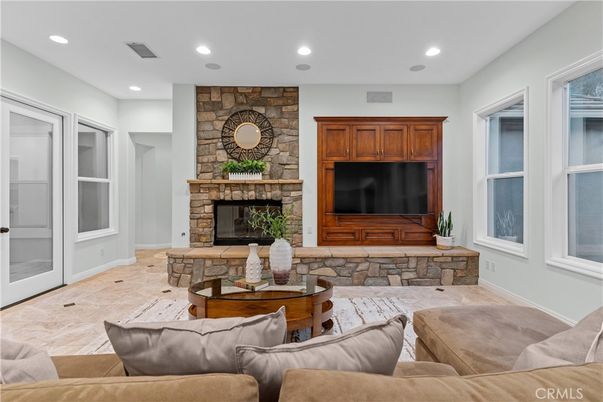 Fireplace, Interior, Living room, Recessed Lighting, Stone Walls