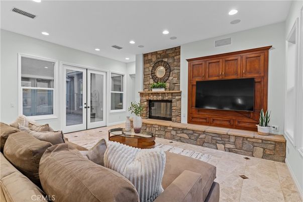 Fireplace, Interior, Living room, Recessed Lighting, Stone Walls