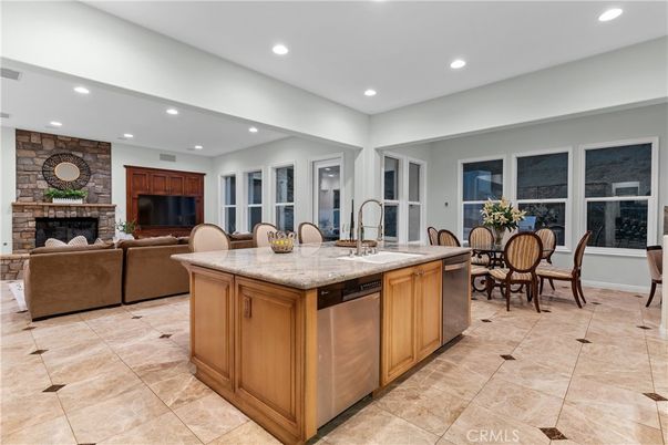 Dining room, Fireplace, Interior, Kitchen, Living room, Recessed Lighting, Stainless Steel Appliances