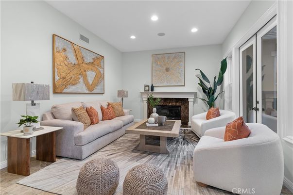Fireplace, Interior, Living room, Recessed Lighting, Wood Texture Flooring