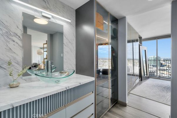 Bathroom, Interior, Marble Walls, Wood Texture Flooring