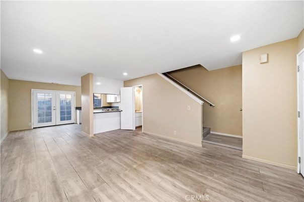 Empty room, Interior, Kitchen, Recessed Lighting, Wood Texture Flooring