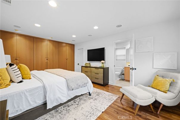 Bedroom, Interior, Recessed Lighting, Wood Texture Flooring