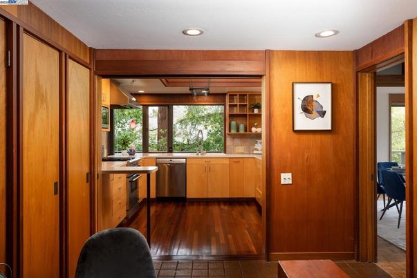 Interior, Kitchen, Recessed Lighting, Wood Texture Flooring, Wooden Walls