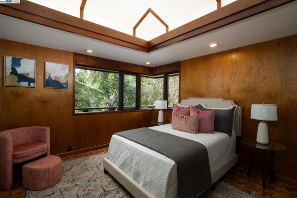 Bedroom, Interior, Recessed Lighting, Wood Texture Flooring, Wooden Walls