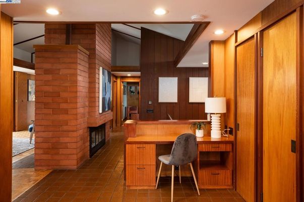 Fireplace, Home Office, Interior, Recessed Lighting, Wooden Walls