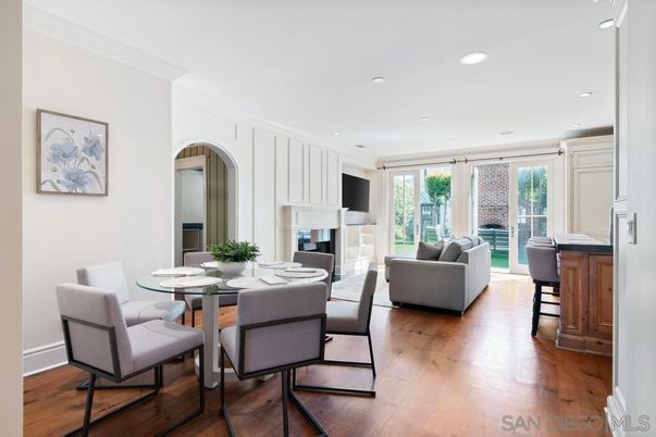Dining room, Fireplace, Interior, Living room, Recessed Lighting, Wood Texture Flooring