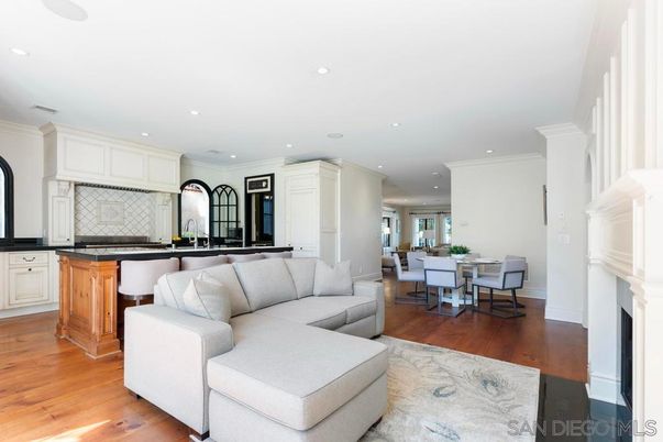 Dining room, Fireplace, Interior, Kitchen, Living room, Recessed Lighting, Wood Texture Flooring