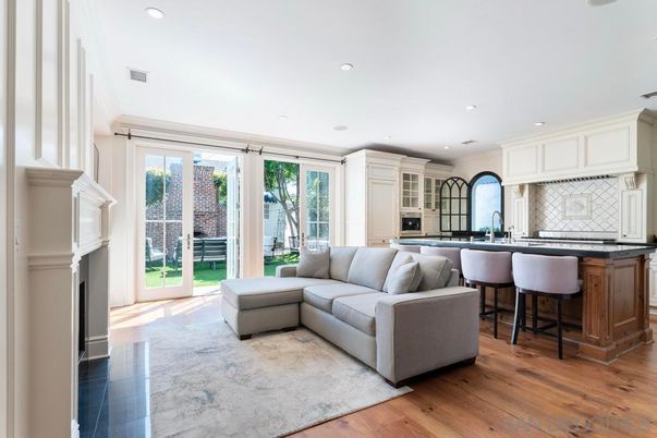 Fireplace, Interior, Kitchen, Living room, Recessed Lighting, Wood Texture Flooring