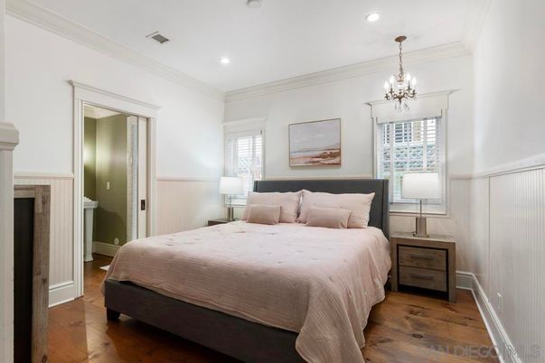 Bedroom, Chandelier, Interior, Recessed Lighting, Wood Texture Flooring