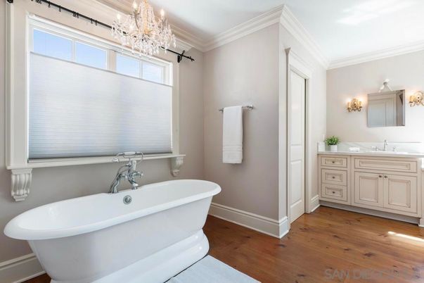 Bathroom, Chandelier, Free Standing Baths, Interior, Wood Texture Flooring