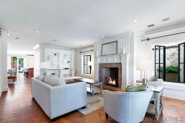 Fireplace, Interior, Living room, Recessed Lighting, Wood Texture Flooring