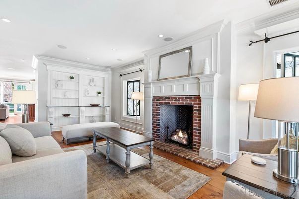 Fireplace, Interior, Living room, Recessed Lighting, Wood Texture Flooring