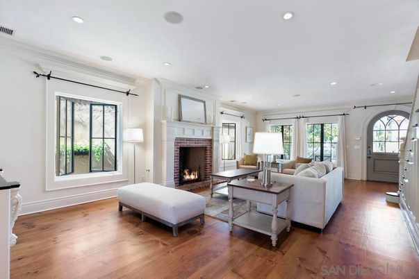 Fireplace, Interior, Living room, Recessed Lighting, Wood Texture Flooring