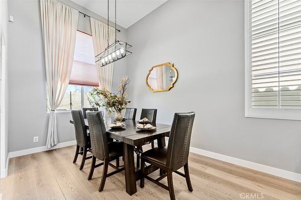 Dining room, Interior, Pendant Lights, Wood Texture Flooring