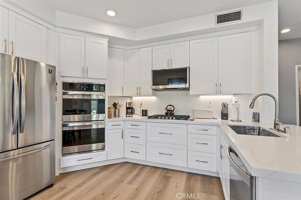 Interior, Kitchen, Recessed Lighting, Stainless Steel Appliances, Wood Texture Flooring