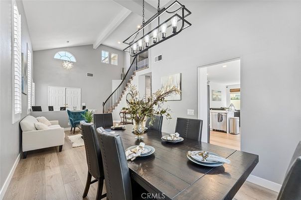 Dining room, Interior, Living room, Pendant Lights, Recessed Lighting, Wood Texture Flooring