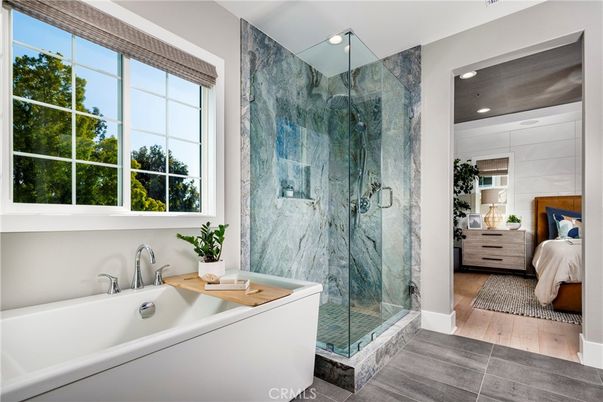 Bathroom, Bedroom, Glass Shower, Interior, Marble Walls, Recessed Lighting, Wood Texture Flooring