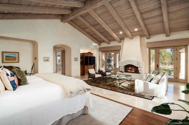 Bedroom, Fireplace, Interior, Living room, Recessed Lighting, Wooden Beams, Wooden Ceilings, Wood Texture Flooring