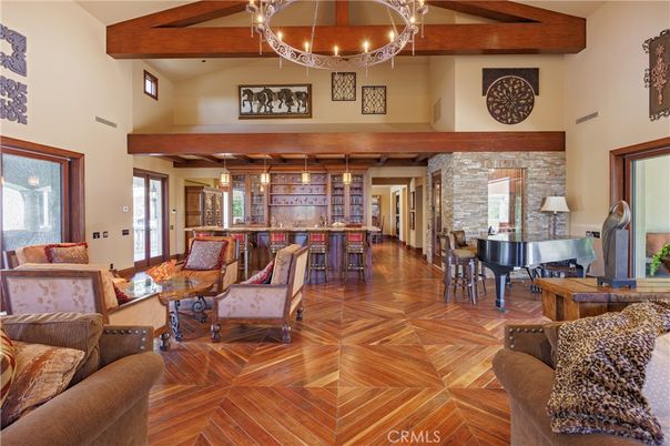 Chandelier, Interior, Living room, Pendant Lights, Piano, Stone Walls, Wooden Beams, Wood Texture Flooring