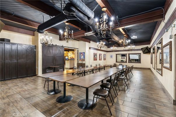 Chandelier, Dining room, Interior, Wooden Beams, Wood Texture Flooring