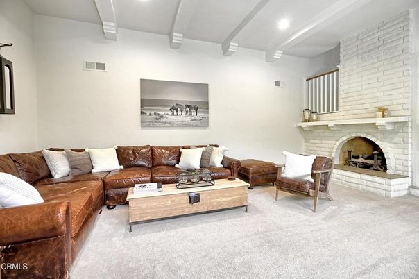 Fireplace, Interior, Living room, Recessed Lighting, Stone Walls