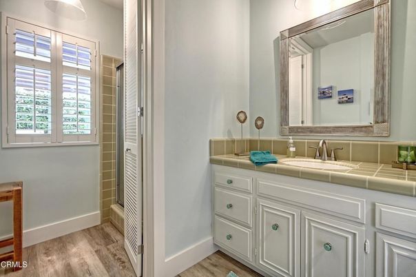 Bathroom, Interior, Tile Countertops, Wood Texture Flooring