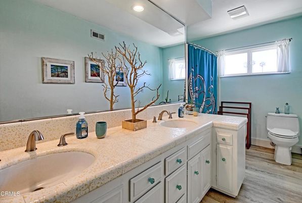 Bathroom, Dual Sink Vanities, Interior, Recessed Lighting, Wood Texture Flooring