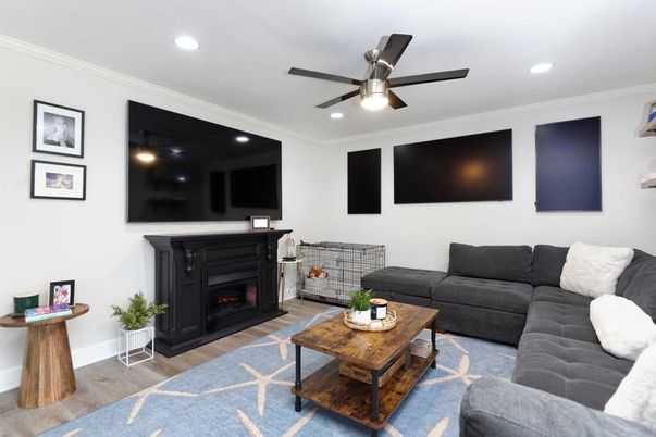Fireplace, Interior, Living room, Recessed Lighting, Wood Texture Flooring