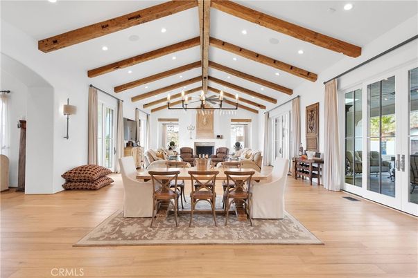 Dining room, Interior, Recessed Lighting, Wooden Beams, Wood Texture Flooring
