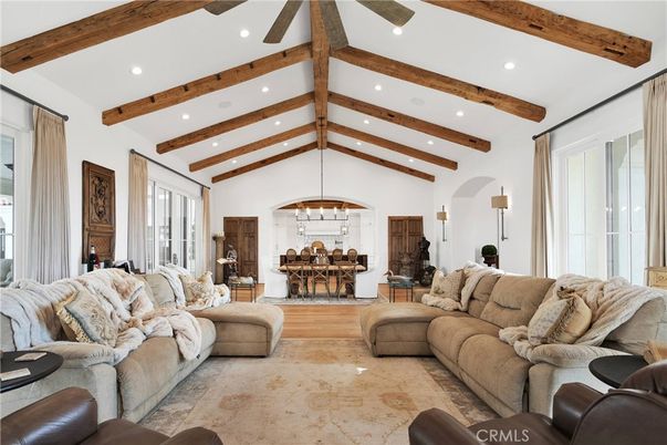 Dining room, Interior, Living room, Pendant Lights, Recessed Lighting, Wooden Beams, Wood Texture Flooring