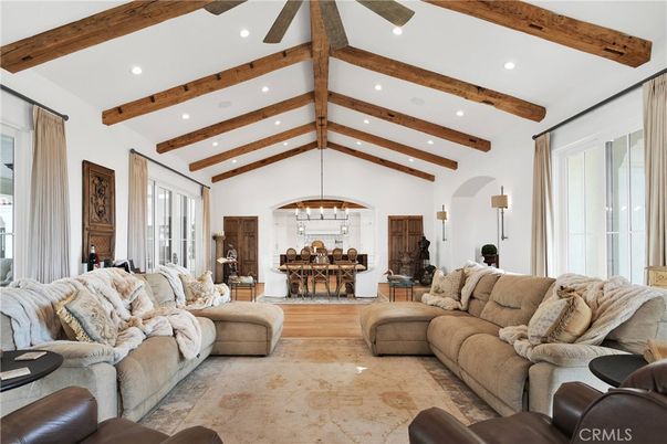 Dining room, Interior, Living room, Pendant Lights, Recessed Lighting, Wooden Beams, Wood Texture Flooring