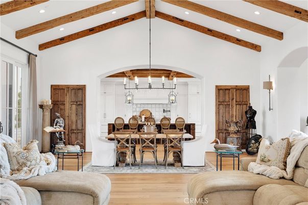 Chandelier, Dining room, Interior, Kitchen, Living room, Pendant Lights, Recessed Lighting, Wooden Beams, Wood Texture Flooring