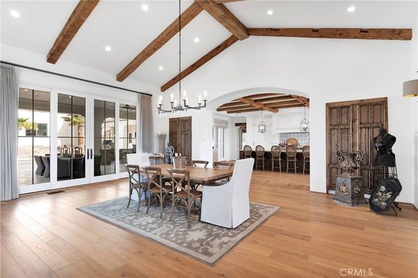 Chandelier, Dining room, Interior, Pendant Lights, Recessed Lighting, Wooden Beams, Wood Texture Flooring