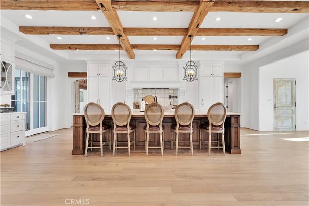 Chandelier, Interior, Kitchen, Pendant Lights, Recessed Lighting, Wooden Beams, Wood Texture Flooring