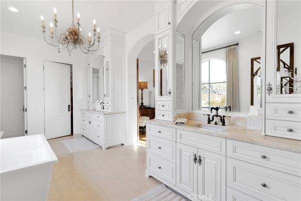 Bathroom, Chandelier, Dual Sink Vanities, Free Standing Baths, Interior, Recessed Lighting
