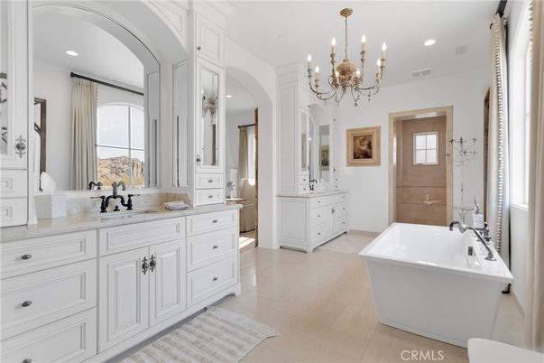 Bathroom, Chandelier, Dual Sink Vanities, Free Standing Baths, Interior, Recessed Lighting