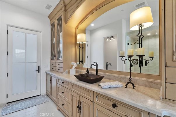 Bathroom, Chandelier, Dual Sink Vanities, Interior, Recessed Lighting