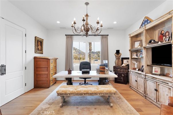Chandelier, Home Office, Interior, Recessed Lighting, Wood Texture Flooring