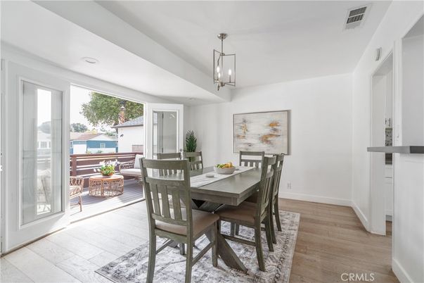 Dining room, Interior, Pendant Lights, Recessed Lighting, Wood Texture Flooring