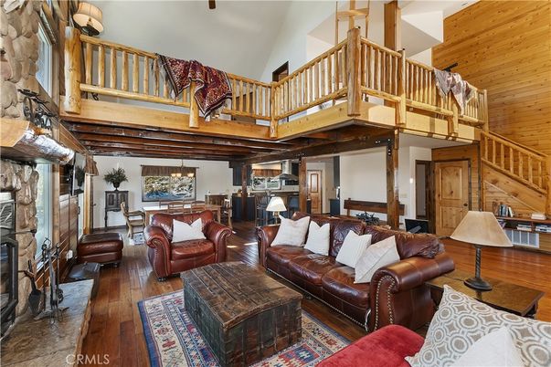 Chandelier, Dining room, Fireplace, Interior, Living room, Wooden Beams, Wooden Ceilings, Wood Texture Flooring, Wooden Walls