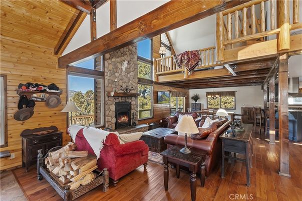 Chandelier, Dining room, Fireplace, Interior, Living room, Wooden Beams, Wooden Ceilings, Wood Texture Flooring, Wooden Walls