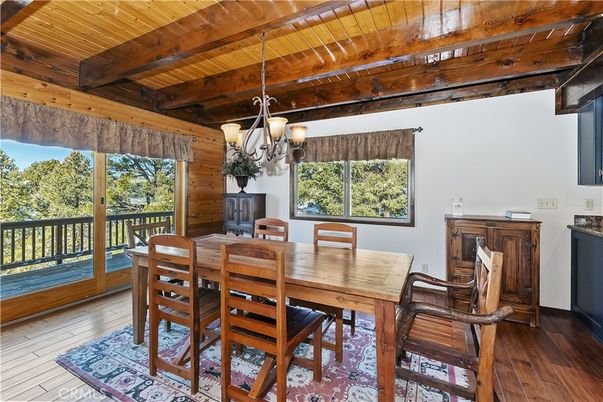 Dining room, Interior, Pendant Lights, Wooden Beams, Wooden Ceilings, Wood Texture Flooring, Wooden Walls