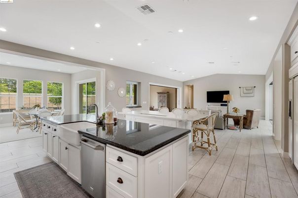 Dining room, Interior, Kitchen, Living room, Recessed Lighting, Wood Texture Flooring