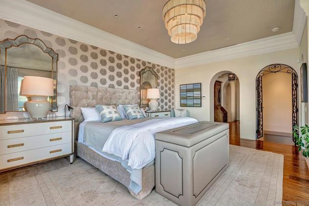 Bedroom, Chandelier, Interior, Recessed Lighting, Wood Texture Flooring