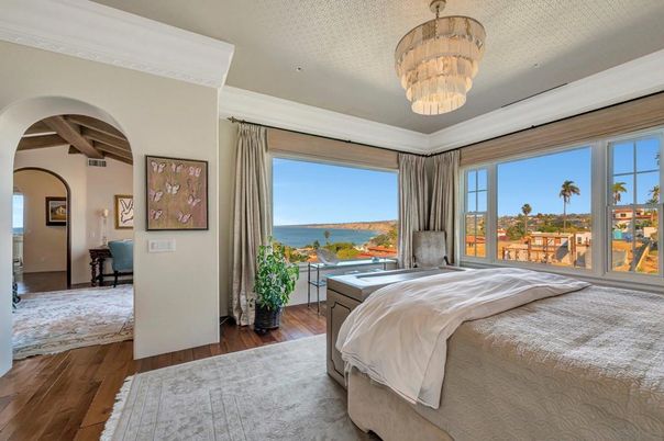 Bedroom, Chandelier, Interior, Water, Wooden Beams, Wood Texture Flooring