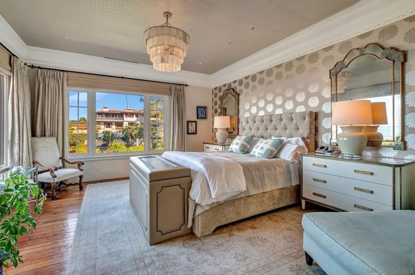 Bedroom, Chandelier, Interior, Recessed Lighting, Wood Texture Flooring
