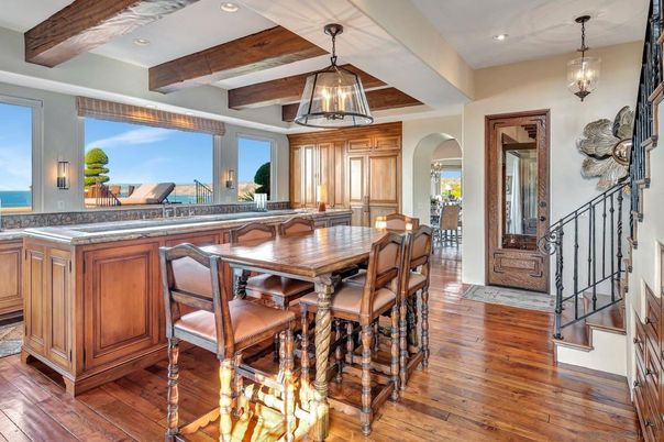 Dining room, Interior, Pendant Lights, Recessed Lighting, Water, Wooden Beams, Wood Texture Flooring